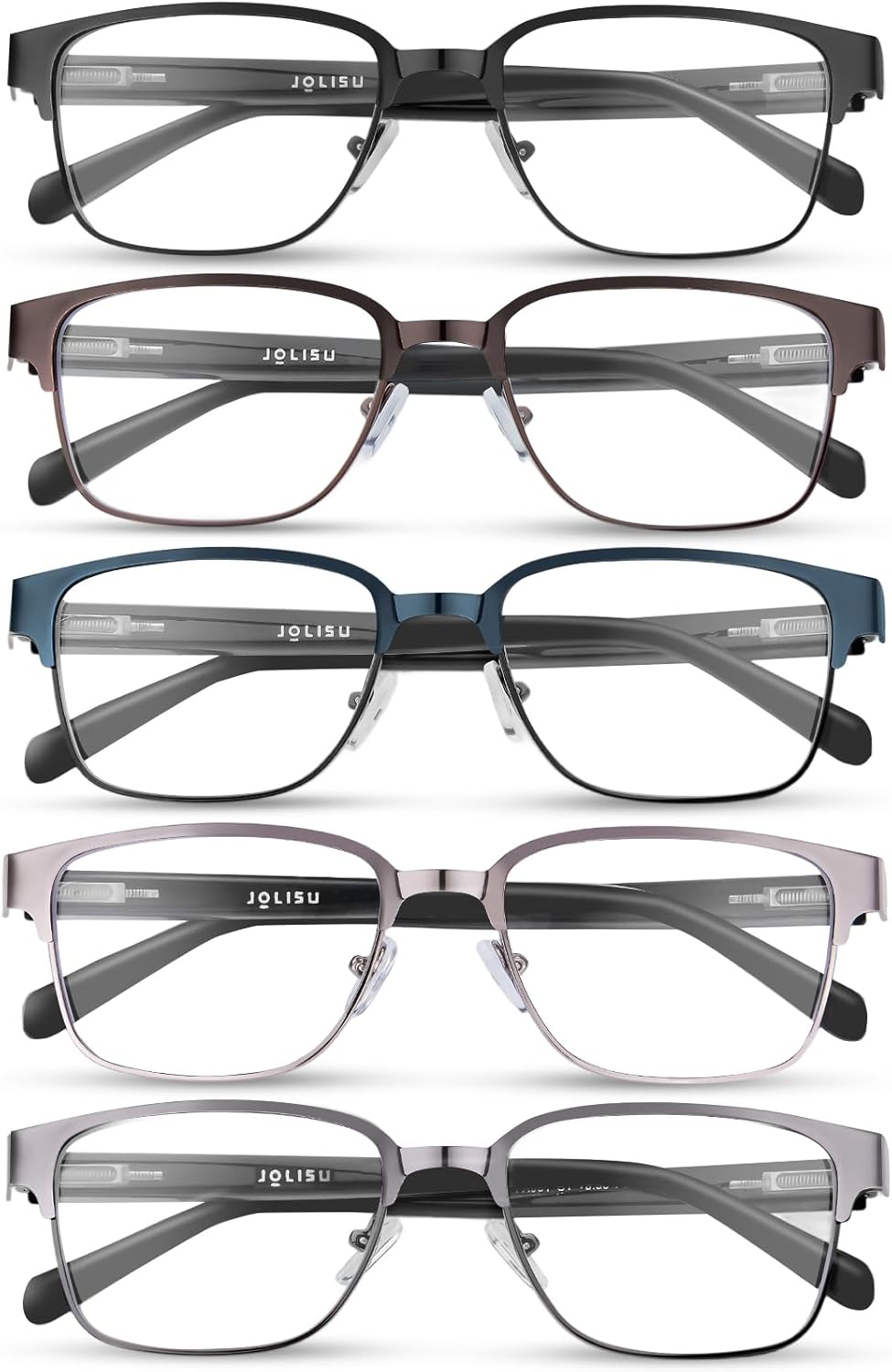 JOLISU 5PCS Reading Glasses Men - Blue Light Blocking Metal Frame for Mens/Women - Durable Readers Fit Read（1.25）
