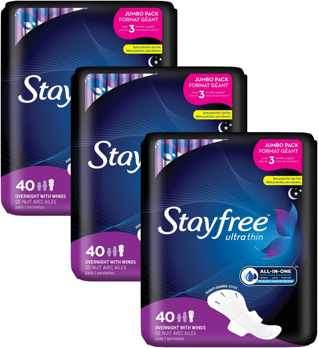 Stayfree Ultra Thin Overnight Pads with Wings, For Women, Reliable Protection and Absorbency of Feminine Moisture, Leaks and Periods, 40 count - Pack of 3