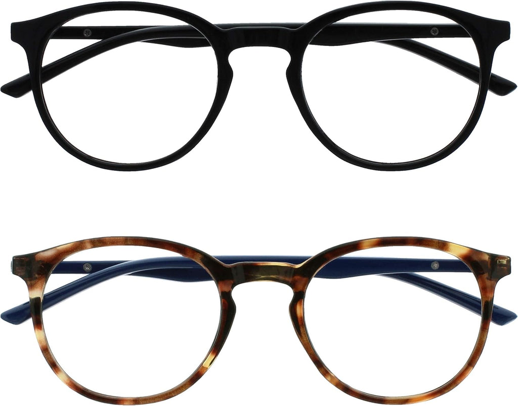 OPULIZE MET Blue Light Blocking Reading Glasses for Women Men, Slim Round Frame with Scratch Resistant and Spring Hinges, Computer Glasses with Anti-Reflective, Black,Brown +1 (Pack of 2)