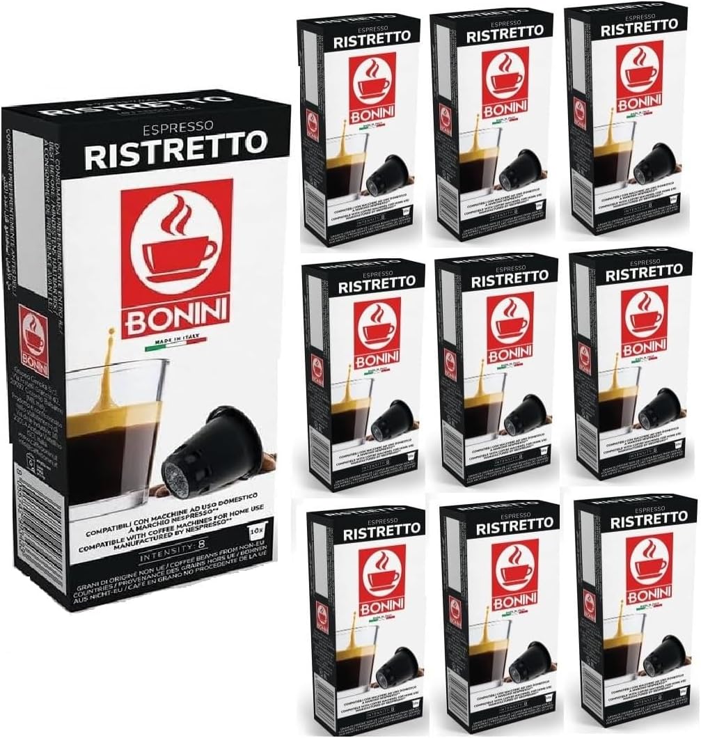 Bonini RISTRETTO Coffee Pods Compatible with Nespresso 100% Italian Coffee Capsules (Pack of 10, Total 100 Pods)