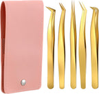 5 Pcs Lash Tweezers Set High Precision Stainless Steel Eyelash Tweezers Gold Curved Volume Professional Applicator Individual Lash Extensions Tool with Storage Box for Classic