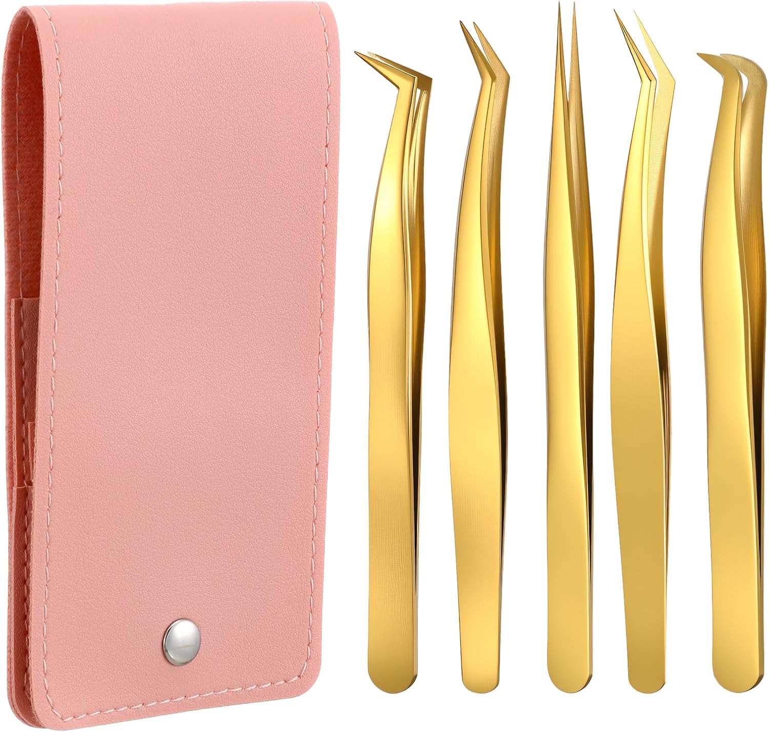5 Pcs Lash Tweezers Set High Precision Stainless Steel Eyelash Tweezers Gold Curved Volume Professional Applicator Individual Lash Extensions Tool with Storage Box for Classic