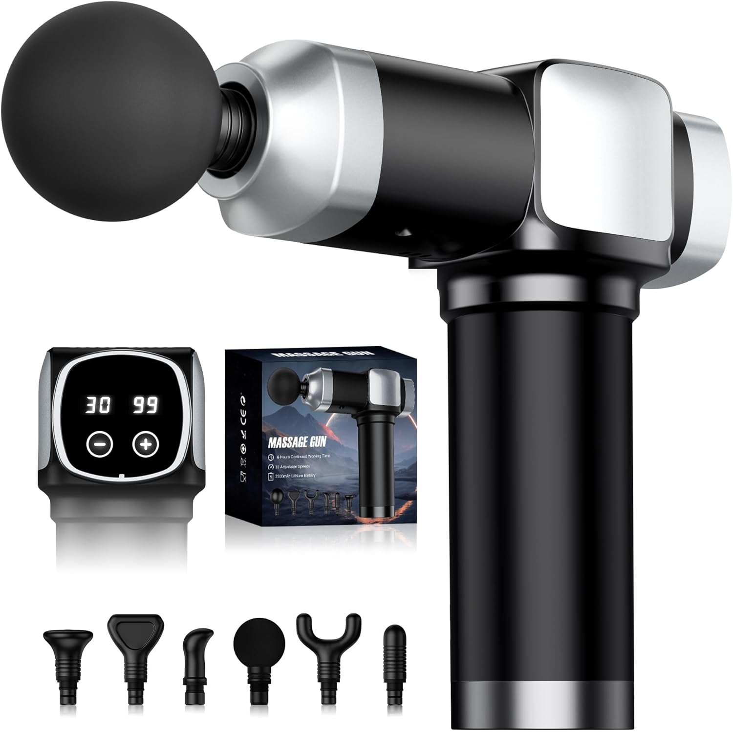 COOJOK® Massage Gun Deep Tissue, Handheld Electric Muscle Massager with 6 Massage Heads, 30 Speed Levels, Percussion Massager Gun for Pain Relief, Back Massager for Athletes Men Women