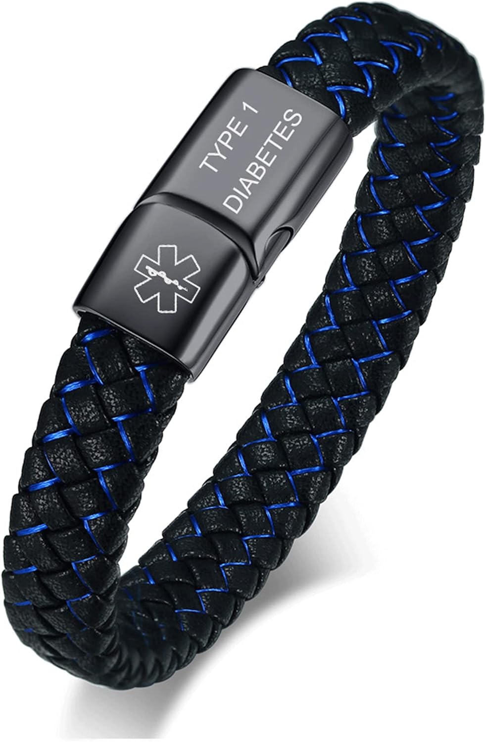 VNOX Blue Braided Leather Medical Symbol Caduceus with Magnetic Clasp Cuff Wristband Bracelet,6-8.3 Inches