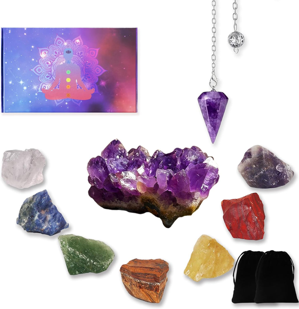 Amethyst Healing Crystal Set,Amethyst Pendulum, Natural Amathesis Crystal Clusters & 7 Raw Stones Chakra Balancing, Reiki, Energy Healing Real Gemstones for Beginners Gifts
