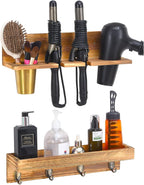UPTRUST Wall Mount Hair Tool Organizer, Set of 2 Layer Rustic Wooden Dryer Holder Rack, Product Organizer Tray for Dryer with 4 Hooks