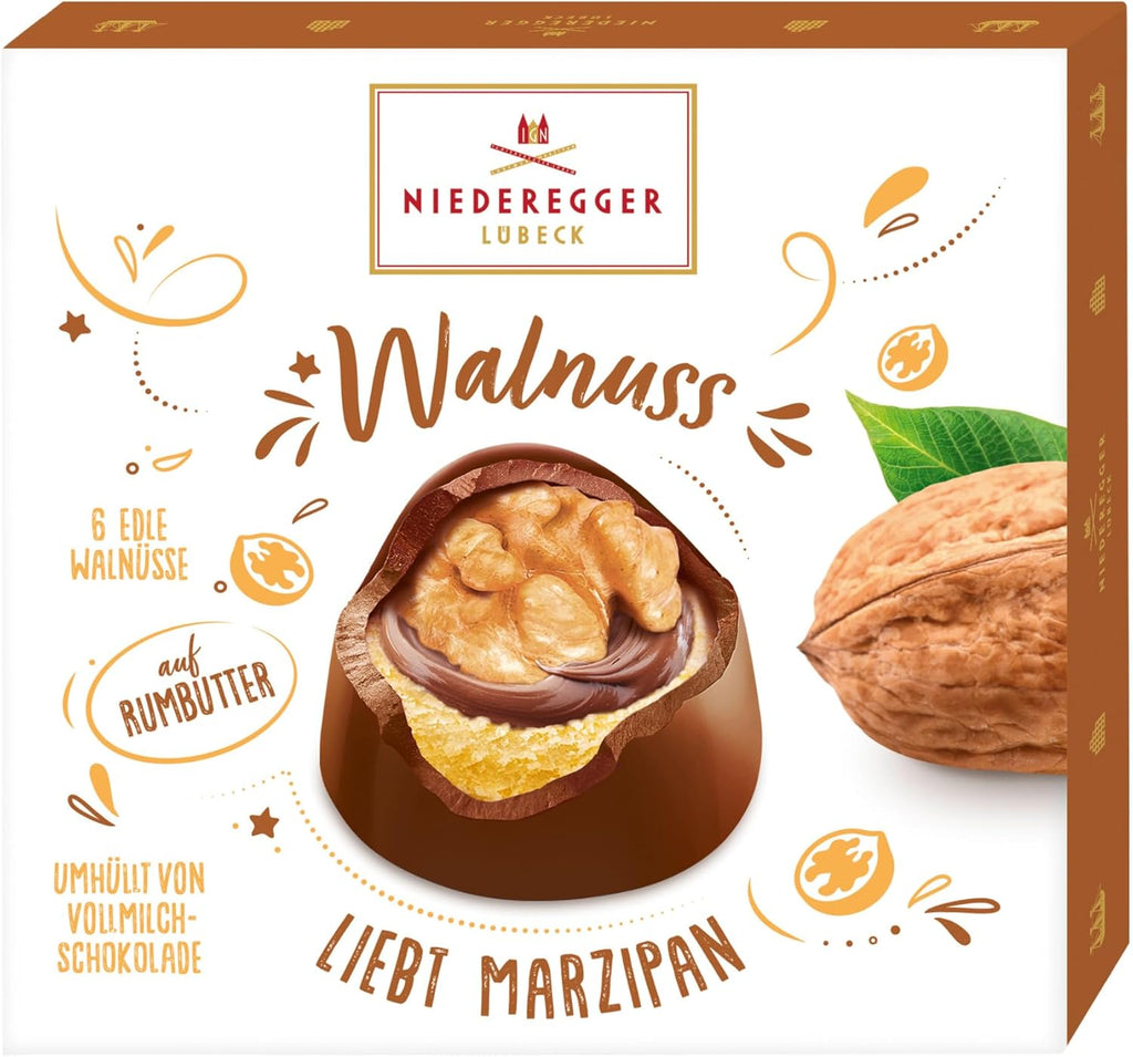 Niederegger Walnut Marzipan Pralines Covered with Milk Chocolate, 102g (3.5oz) | 6 pieces per Box