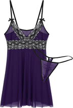 Mufeng Men's Sexy Sheer Lace Babydoll Adjustable Spaghetti Straps Deep V-Night Club Sleepwear with G-String