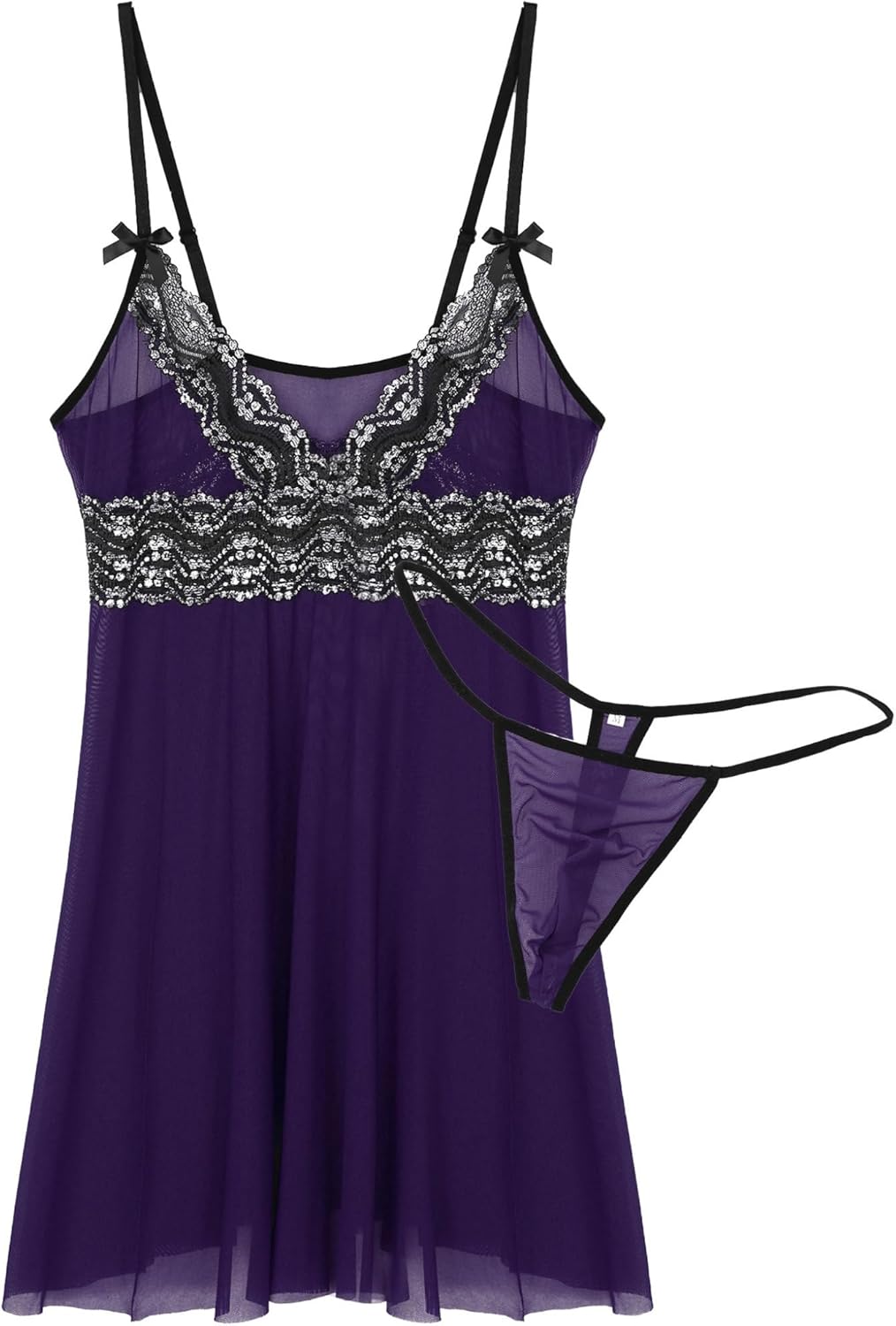 Mufeng Men's Sexy Sheer Lace Babydoll Adjustable Spaghetti Straps Deep V-Night Club Sleepwear with G-String