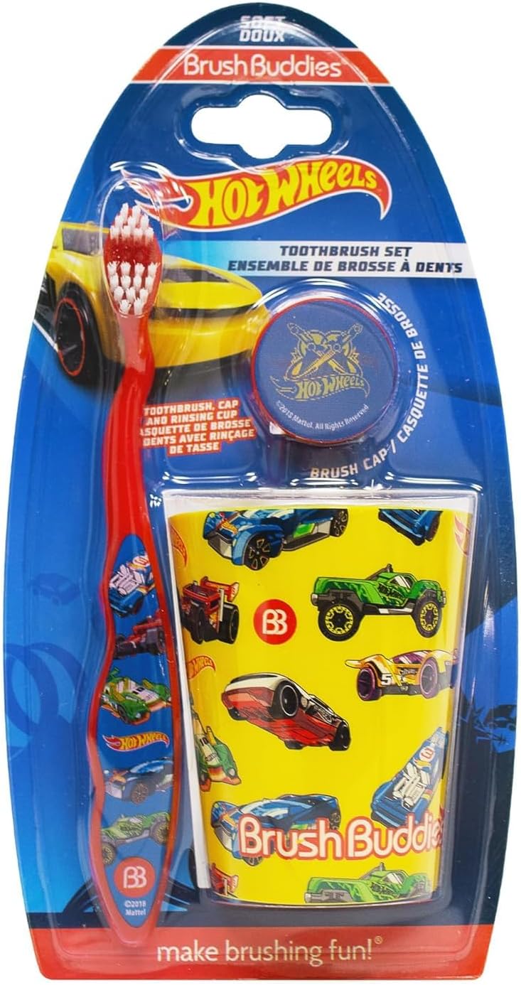 Brush Buddies Hot Wheels Kids Toothbrushes Kit Manual Toothbrushes for Kids Toddler Toothbrush 2 + Years Travel Toothbrush Kit with Cover and Cup 3PC Soft Bristles Small Head Easy Grip Handles