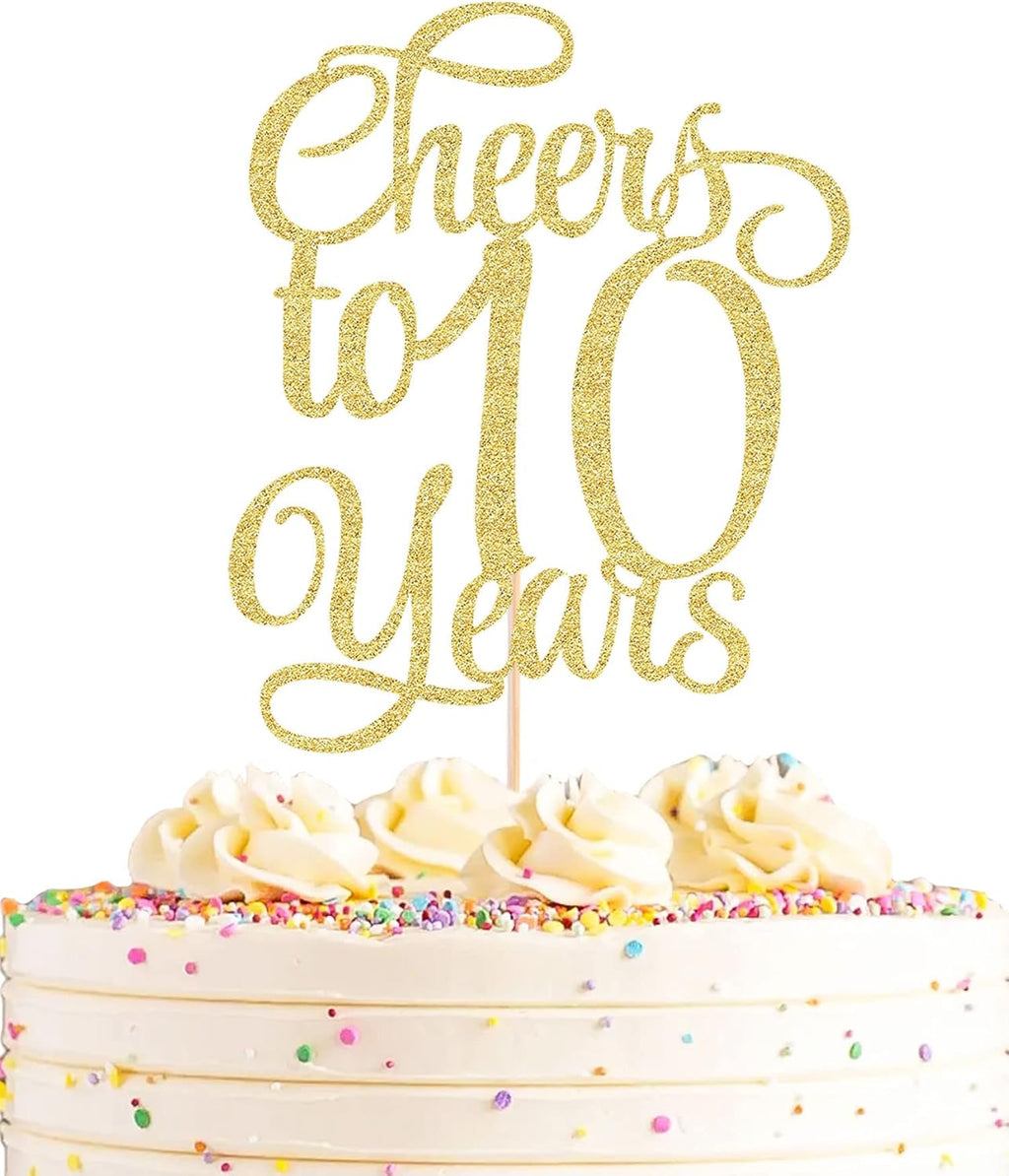 Cheers to 10 Years Cake Topper - Gold Glitter Children's 10th Birthday Cake Decorating Supplies - Blessed 10 Years Wedding, Anniversary or Birthday Party Decorations, Photo Booth Props