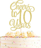 Cheers to 10 Years Cake Topper - Gold Glitter Children's 10th Birthday Cake Decorating Supplies - Blessed 10 Years Wedding, Anniversary or Birthday Party Decorations, Photo Booth Props