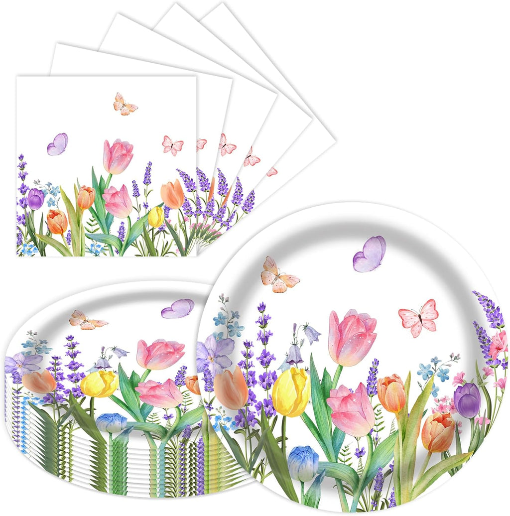 Spring Paper Plates 20 pcs and Napkins 20 pcs 9-Inch Disposable Floral Plates with Tulip Design; Garden Party Decorations for Birthdays, Bridal Showers, Baby Showers, and Tea Parties