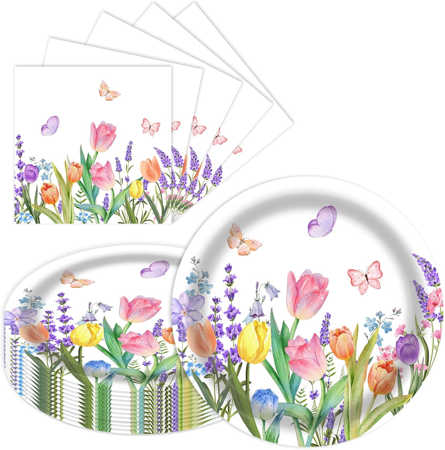 Spring Paper Plates 20 pcs and Napkins 20 pcs 9-Inch Disposable Floral Plates with Tulip Design; Garden Party Decorations for Birthdays, Bridal Showers, Baby Showers, and Tea Parties