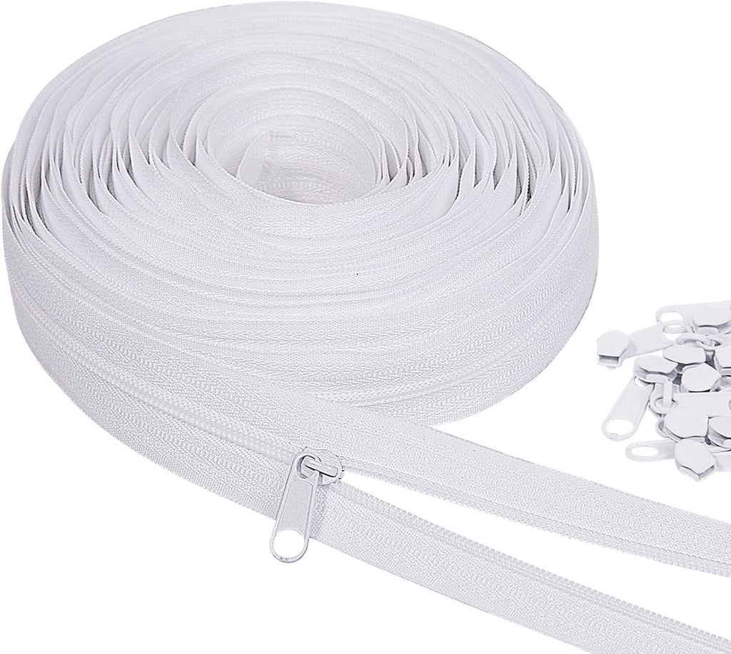 MiniRed 10Yards White Nylon Coil Zipper by the Yards, #3 Bulk Zippers for DIY Sewing Craft Bags with Replacement 20PCS Sliders (#3 White)