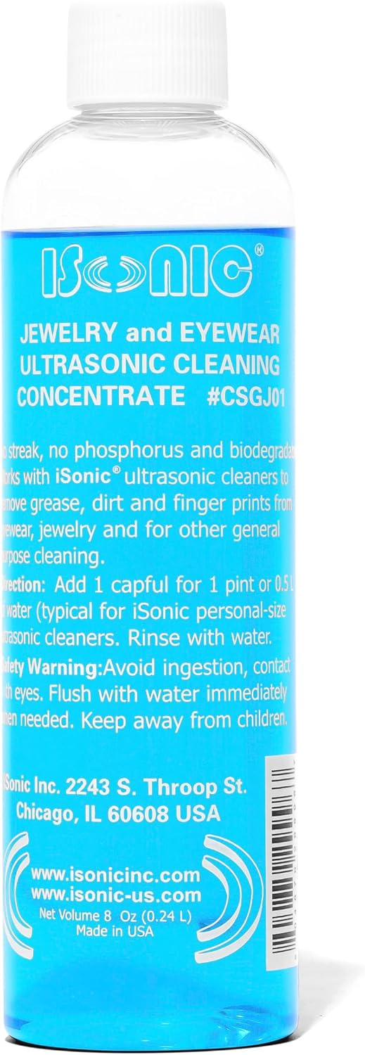 iSonic Ultrasonic Jewelry & Eyeglass Cleaner Solution Concentrate - Professional Cleaning Liquid for Ultrasonic Machine - Clean Gold, Silver, Diamond, Watch, Glasses, Eye Wear, 8-oz