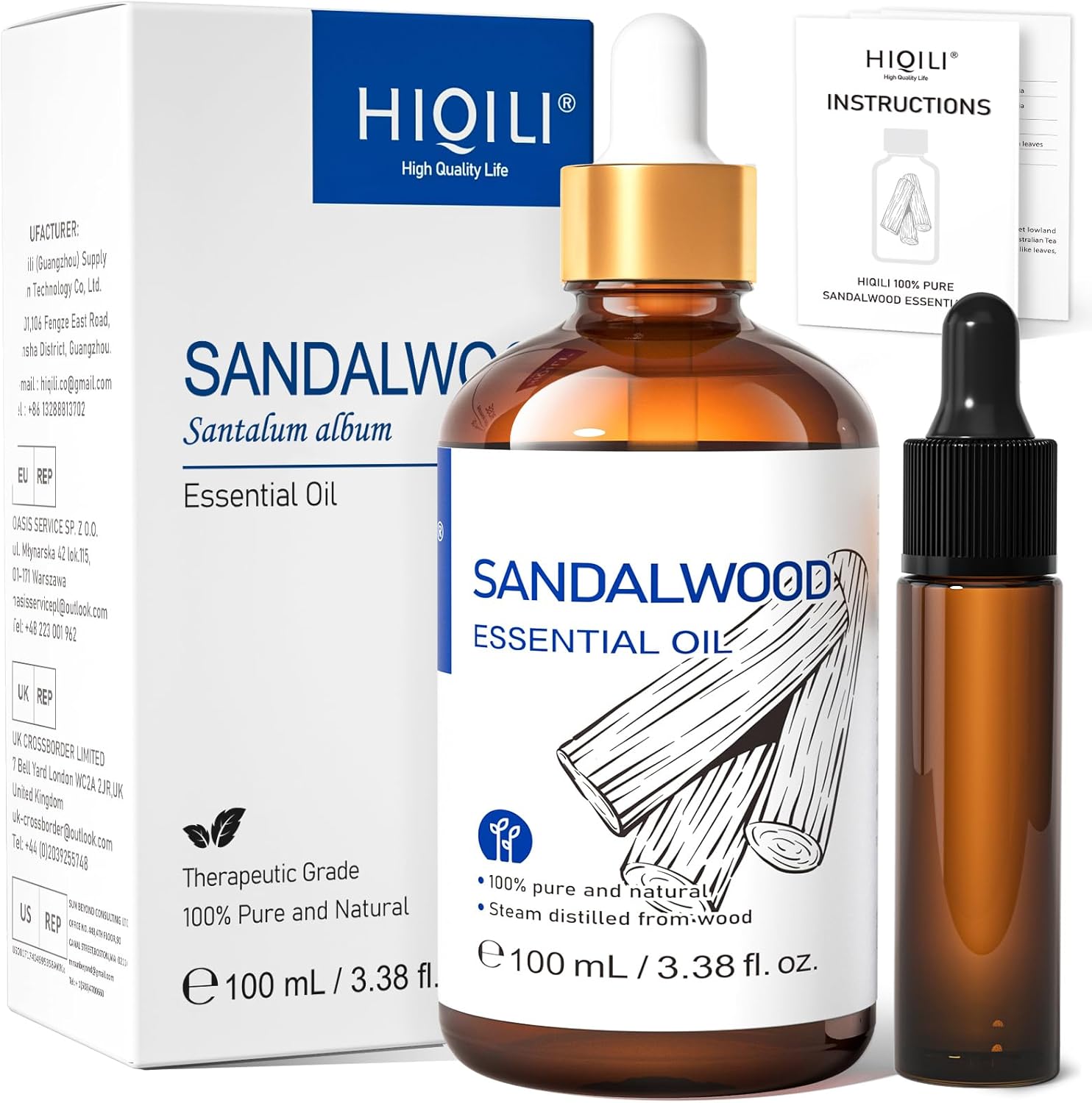 HIQILI Sandalwood Essential Oils, Long-Lasting Scent for Perfume, Diffuser, Soap Making & Candle- 3.38 Fl Oz