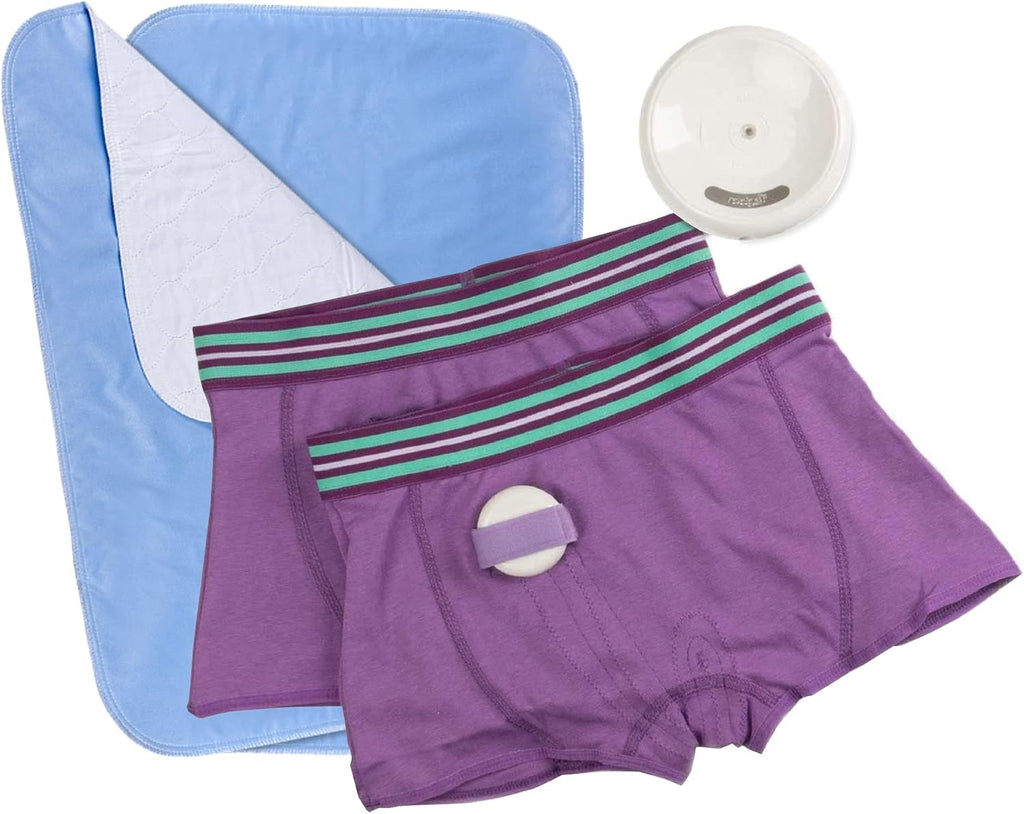 Rodger Wireless Bedwetting Alarm Kit - Bed Wetting System for Kids - Two Moisture Sensing Briefs, Waterproof Bed Pad, Guide Book, Free Mobile App - Child, Lavender, X-Large