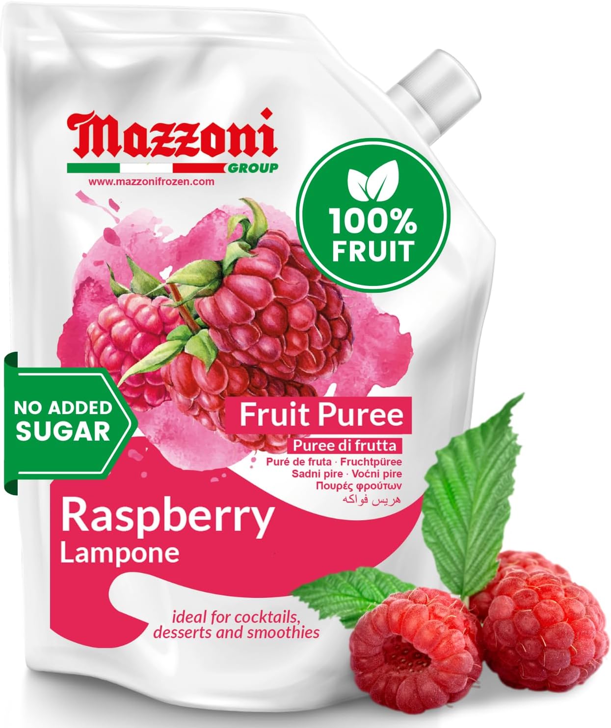 Mazzoni - Raspberry Puree, 100% Pure Raspberries, Just Fruit, No Sugar Added, Real Fruit for Smoothies, Drinks, Cocktails, Fruit Juice - 2.2 lb Convenient Pouch, Made in Italy