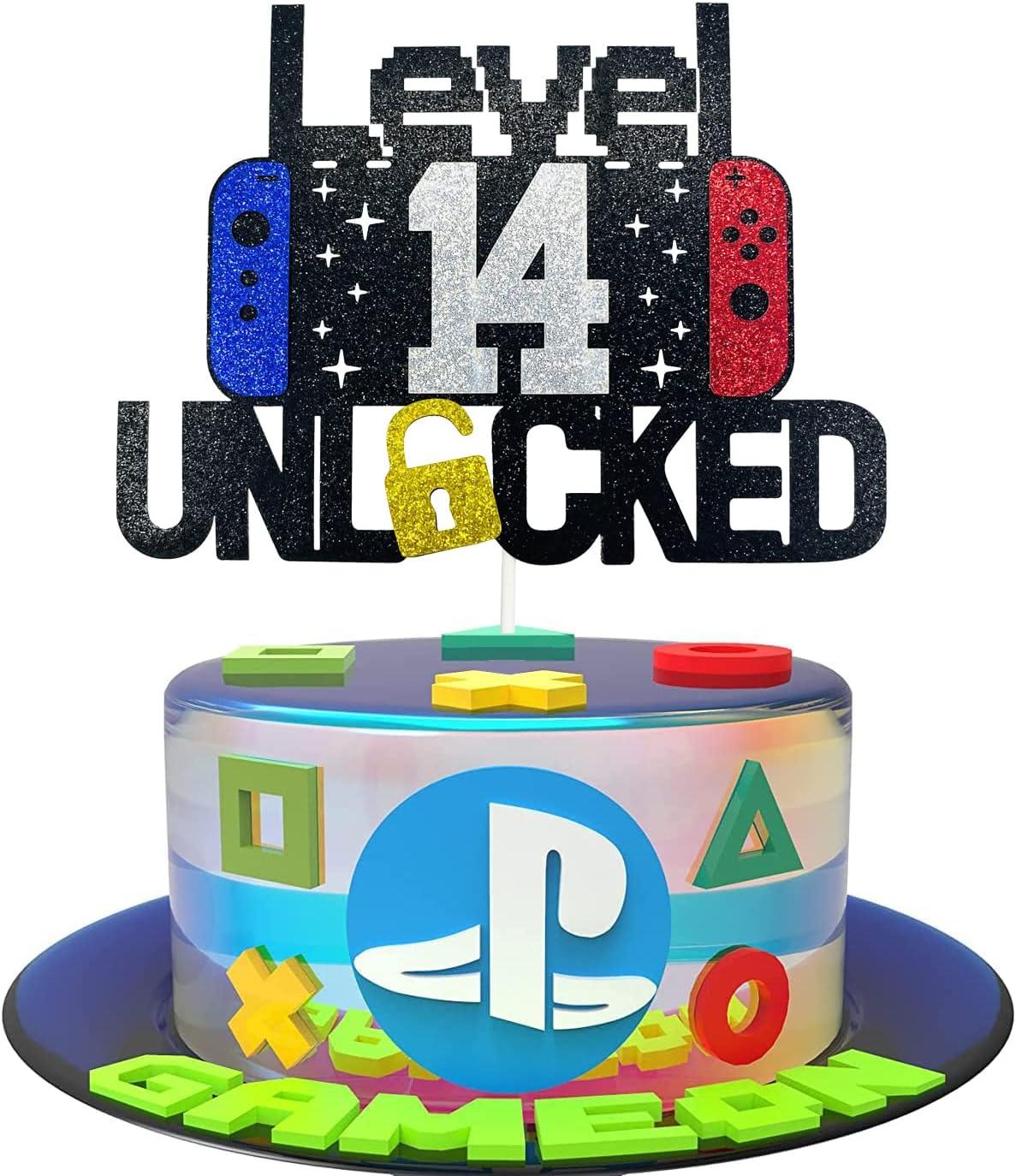 Happy 14th Birthday Video Game Cake Topper Level 14 Unlocked Cake Topper for Kids Boys Girls 14-Years-Old Birthday Party Decoration (14)