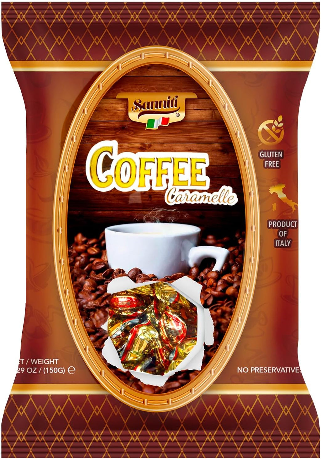 Sanniti Italian Hard Candy Caramelle | Gluten Free, No Preservatives | Product of Italy, 5.29 oz Bag (150 Grams, Coffee)