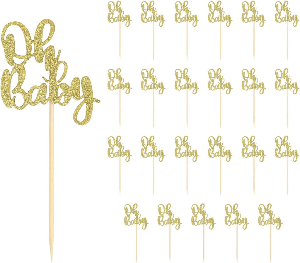 24pcs Oh Baby Cupcake Toppers, Glitter Cake Picks for Boy or Girl Theme Baby Shower - Gold Decorations for Kids Birthday Party Supplies