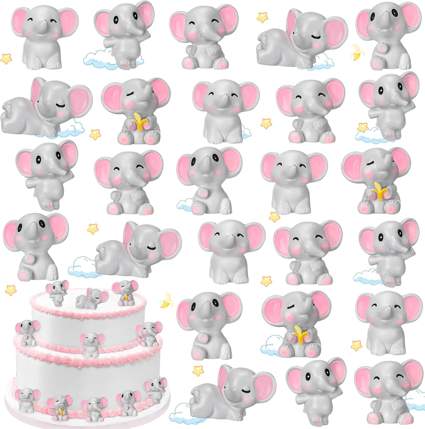 Beeveer 36 Pcs Mini Elephant Animals Miniature Figurines Toys Elephant Cake Toppers Resin Miniature Moss Landscape DIY Terrarium Crafts Ornament for Baby Shower Party Cake Decor