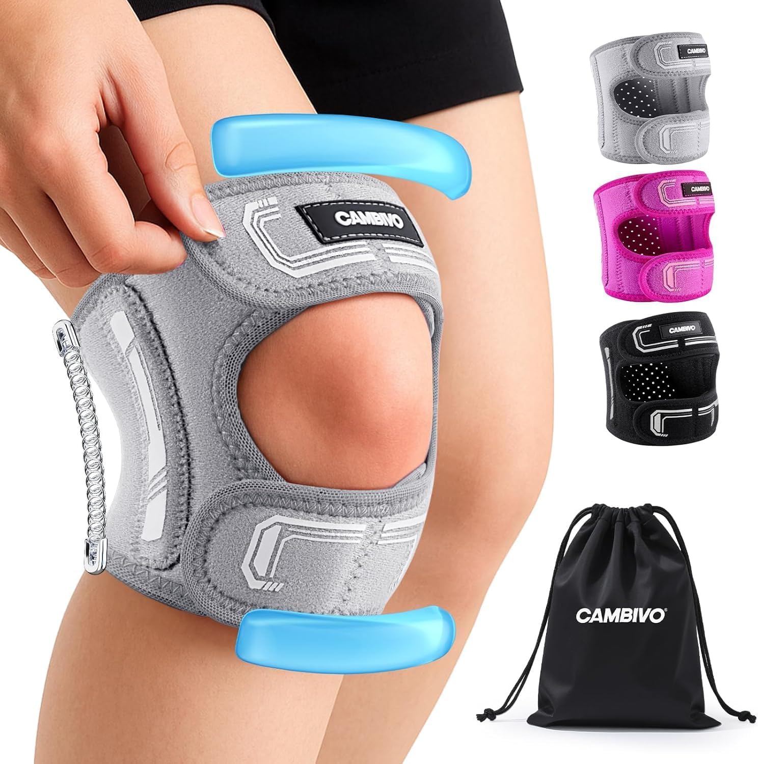 CAMBIVO Patella Tendon Support Knee Strap with Gel Pad and Side Stabilizers, Lightweight Knee Brace for Women and Men, Adjustable Knee Support for Knee Pain Relief, Running, Workouts (Gray, L/XL)