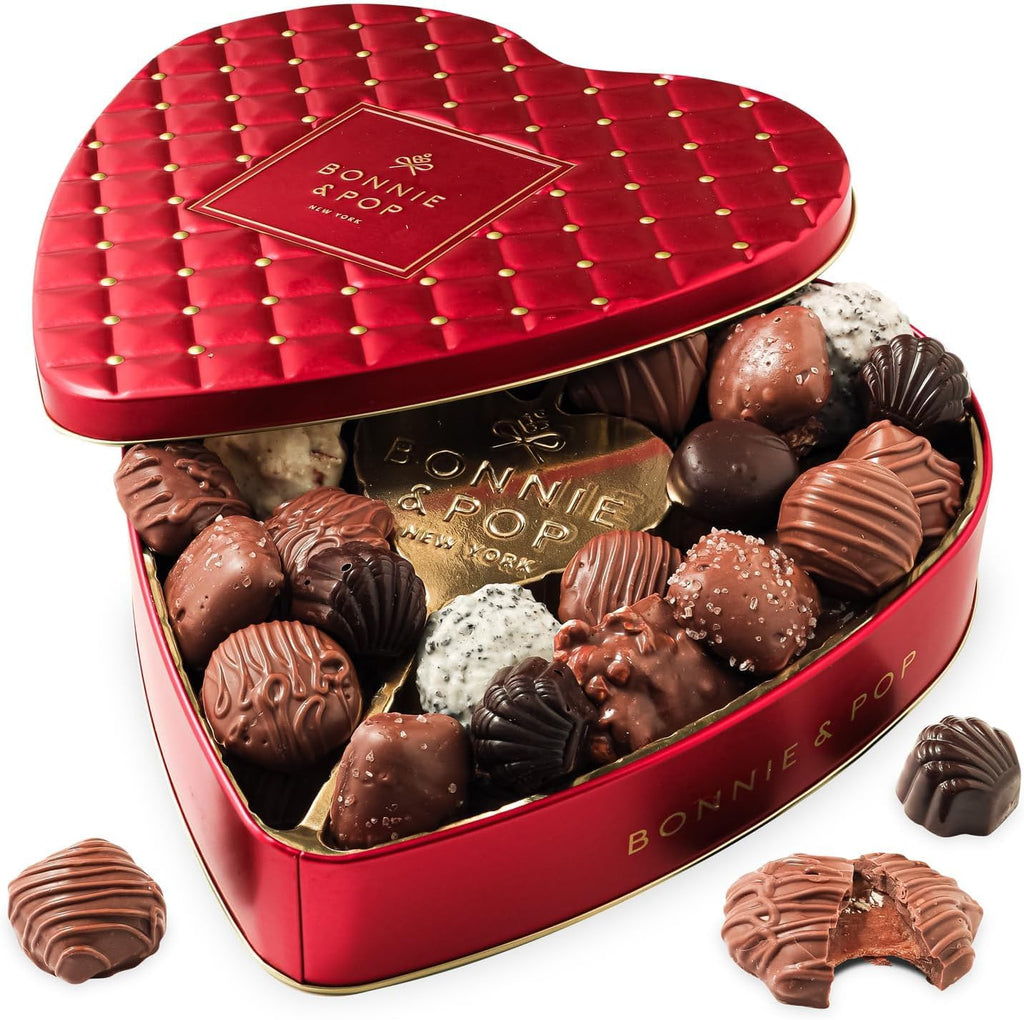 Mothers Day Chocolate Gift Basket | Heart Shaped Gift Present for Her, Mother, Mom, Wife, Spouse with Assorted Milk Chocolate Truffles | Bonnie and Pop