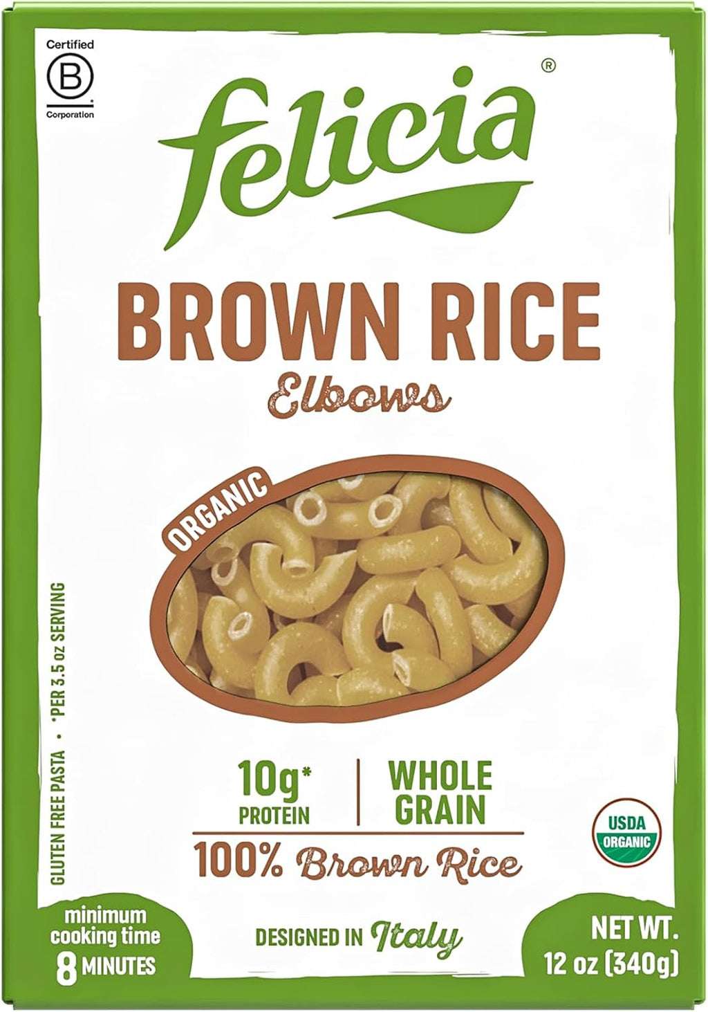 Felicia Gluten Free Pasta, Brown Rice Elbows, 10G Protein per Serving, Organic Whole Grain Noodles Made With 100% Brown Rice, Designed in Italy, Plant Based, Non GMO, 12 Oz, 6 Boxes
