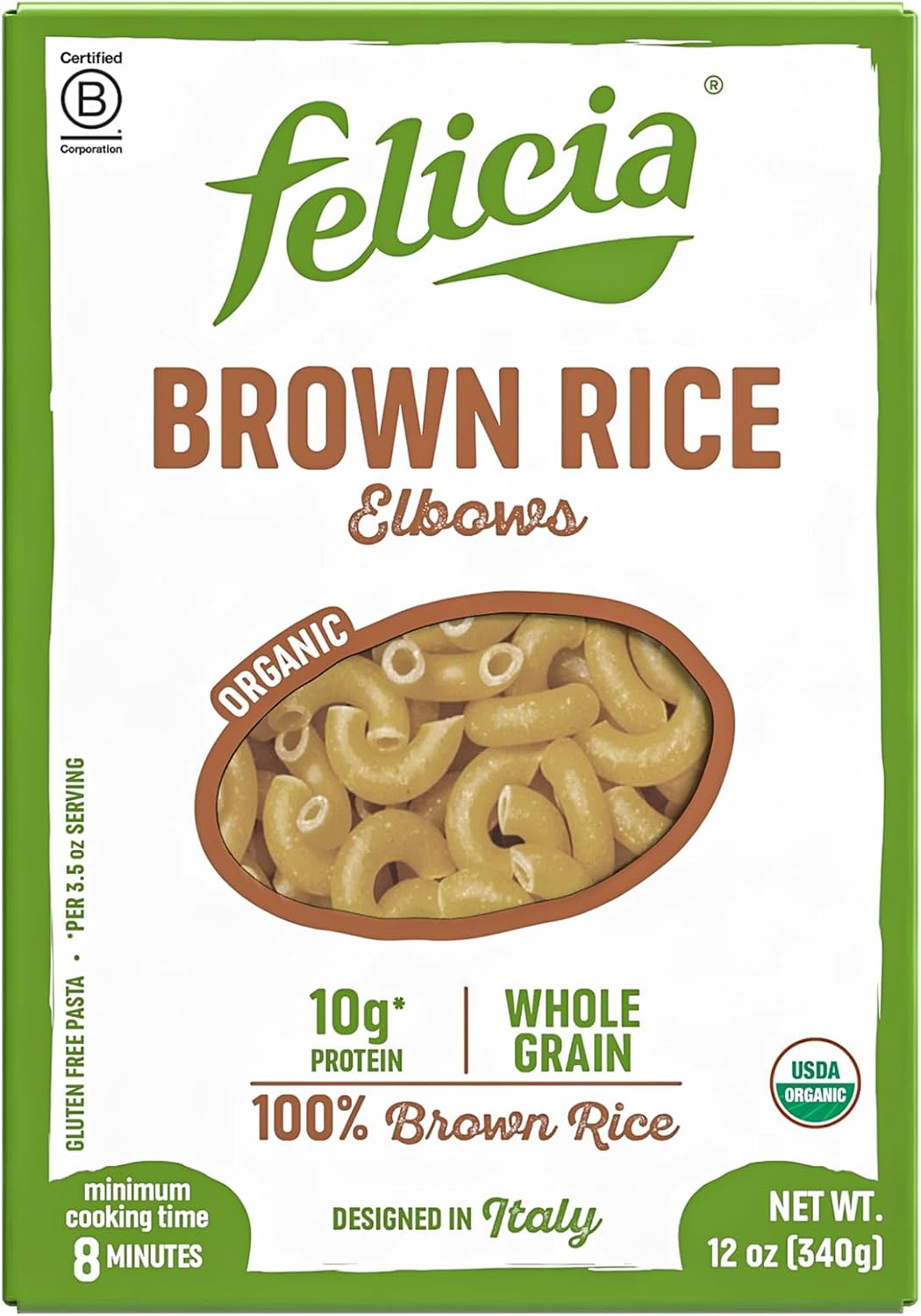 Felicia Gluten Free Pasta, Brown Rice Elbows, 10G Protein per Serving, Organic Whole Grain Noodles Made With 100% Brown Rice, Designed in Italy, Plant Based, Non GMO, 12 Oz, 6 Boxes