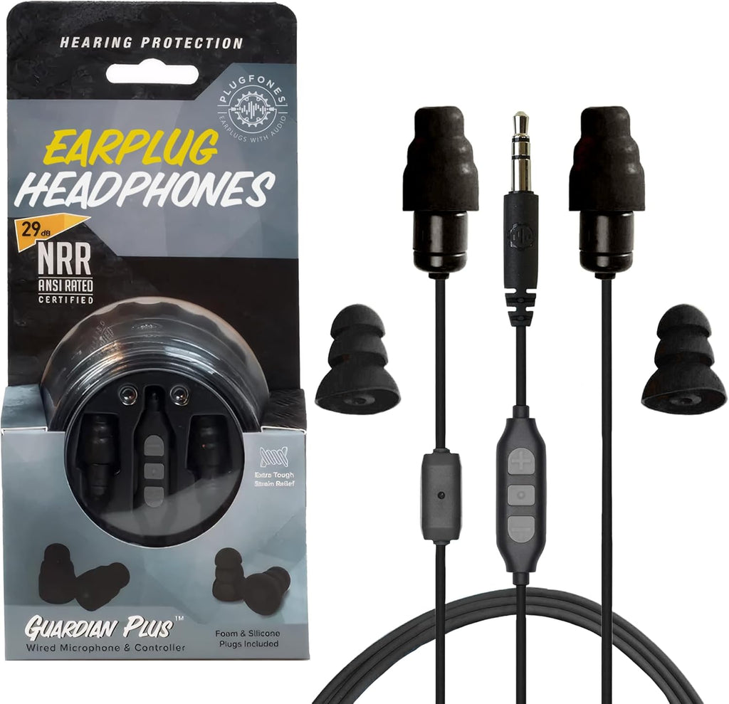 Plugfones Guardian Plus in-Ear Earplug Earbud Hybrid - Noise Reduction in-Ear Headphones with Noise Isolating Mic and Controls (Black)