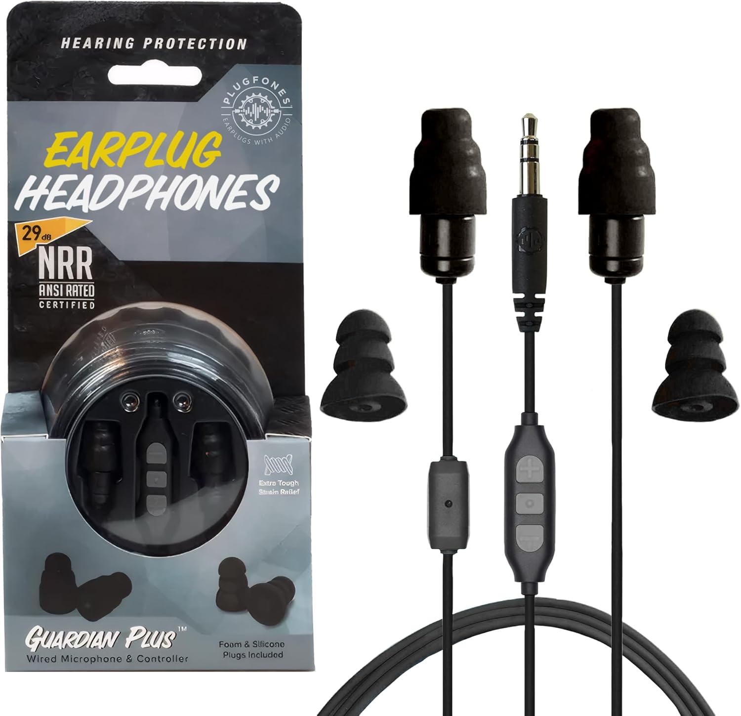 Plugfones Guardian Plus in-Ear Earplug Earbud Hybrid - Noise Reduction in-Ear Headphones with Noise Isolating Mic and Controls (Black)