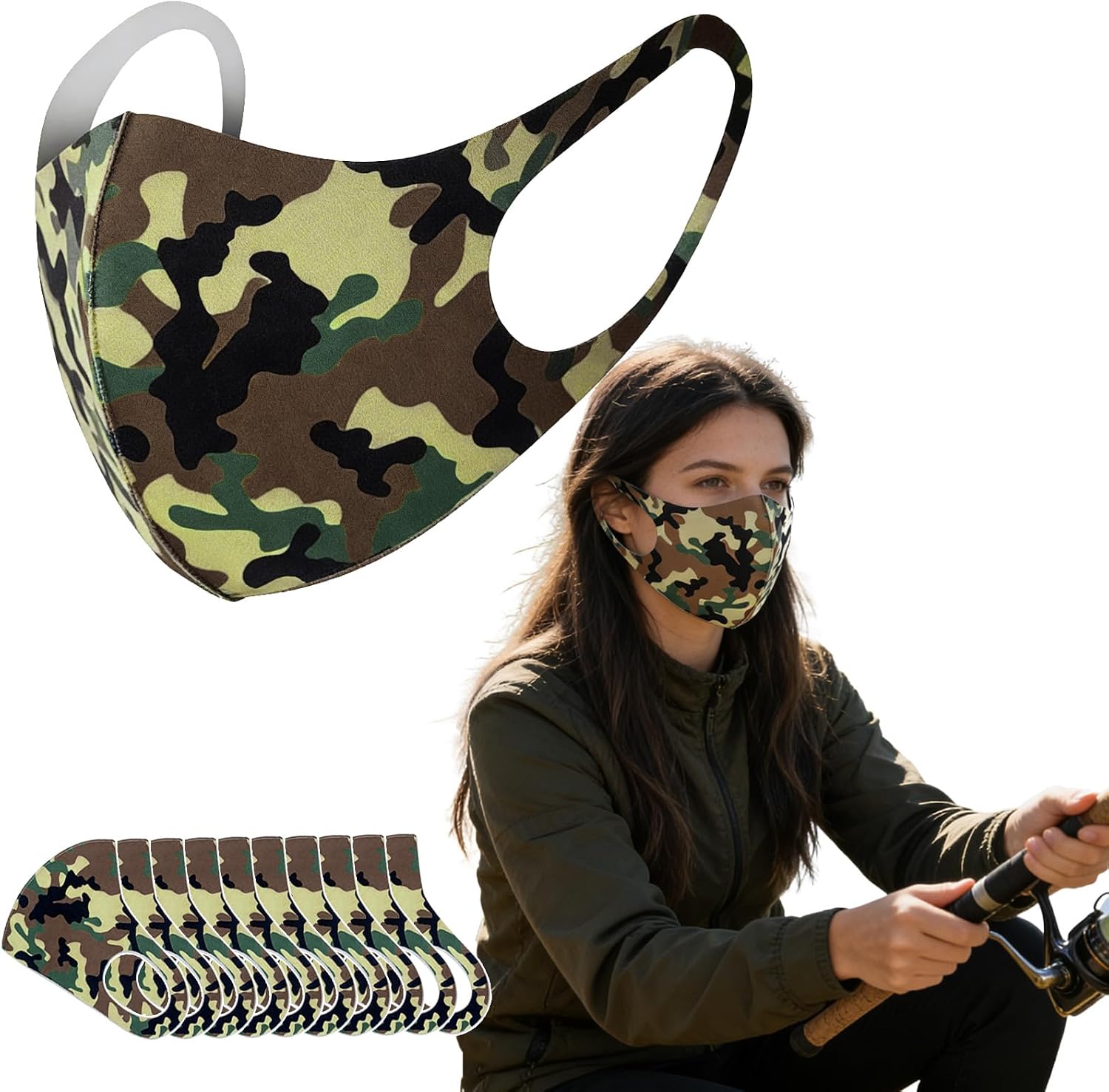 Camo Face Mask Hunting for Men Women 10pcs Ski Breathable Cover Adults Reusable Cloth Camouflage Sports Gear