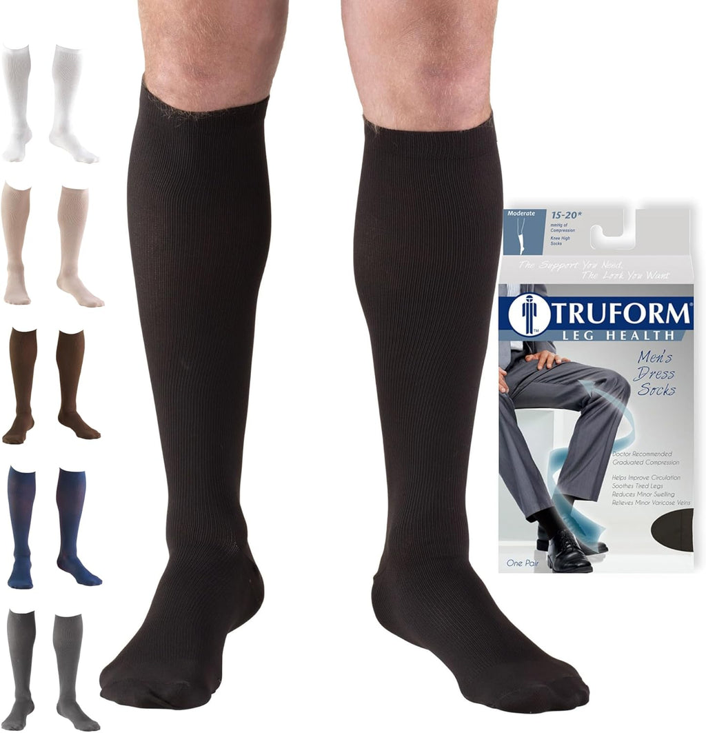 Truform Compression Socks, 15-20 mmHg, Men's Dress Socks, Knee High Over Calf Length, Black, Large