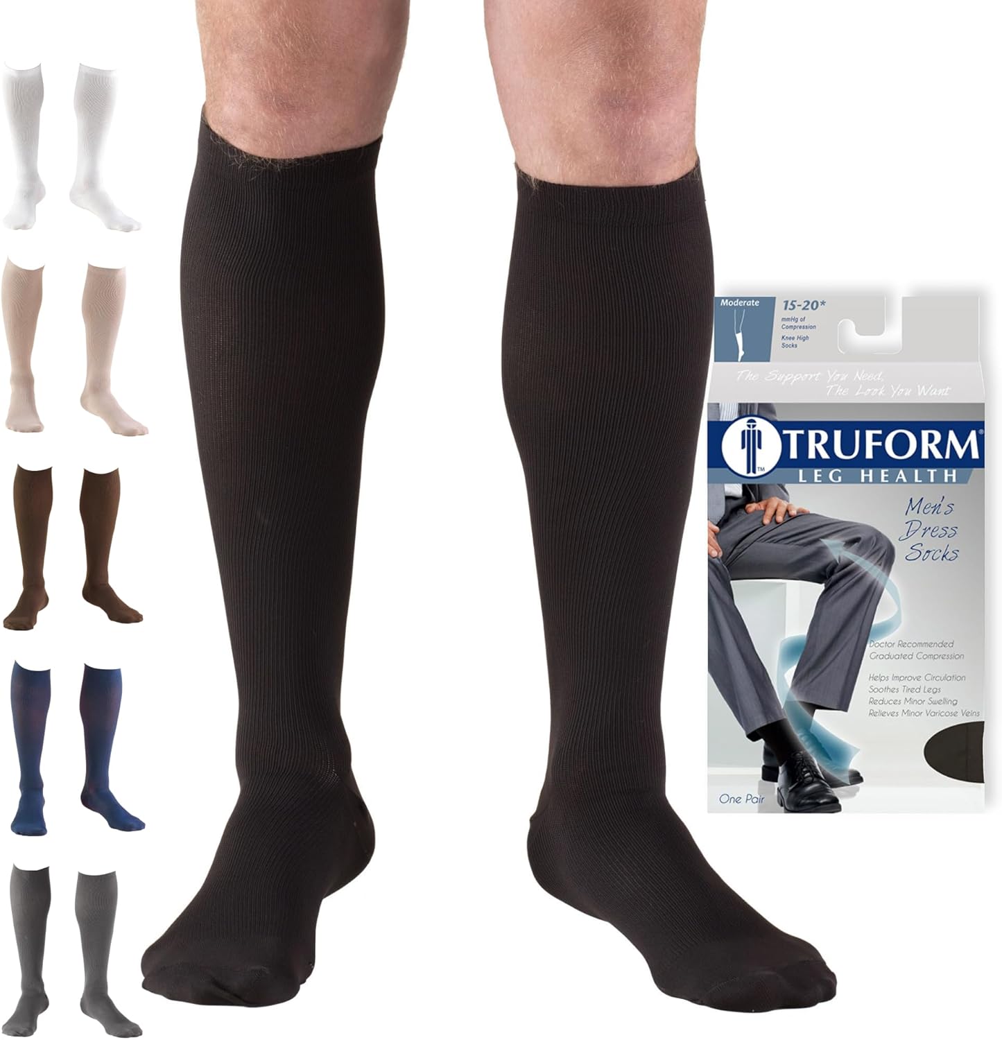 Truform Compression Socks, 15-20 mmHg, Men's Dress Socks, Knee High Over Calf Length, Black, Large