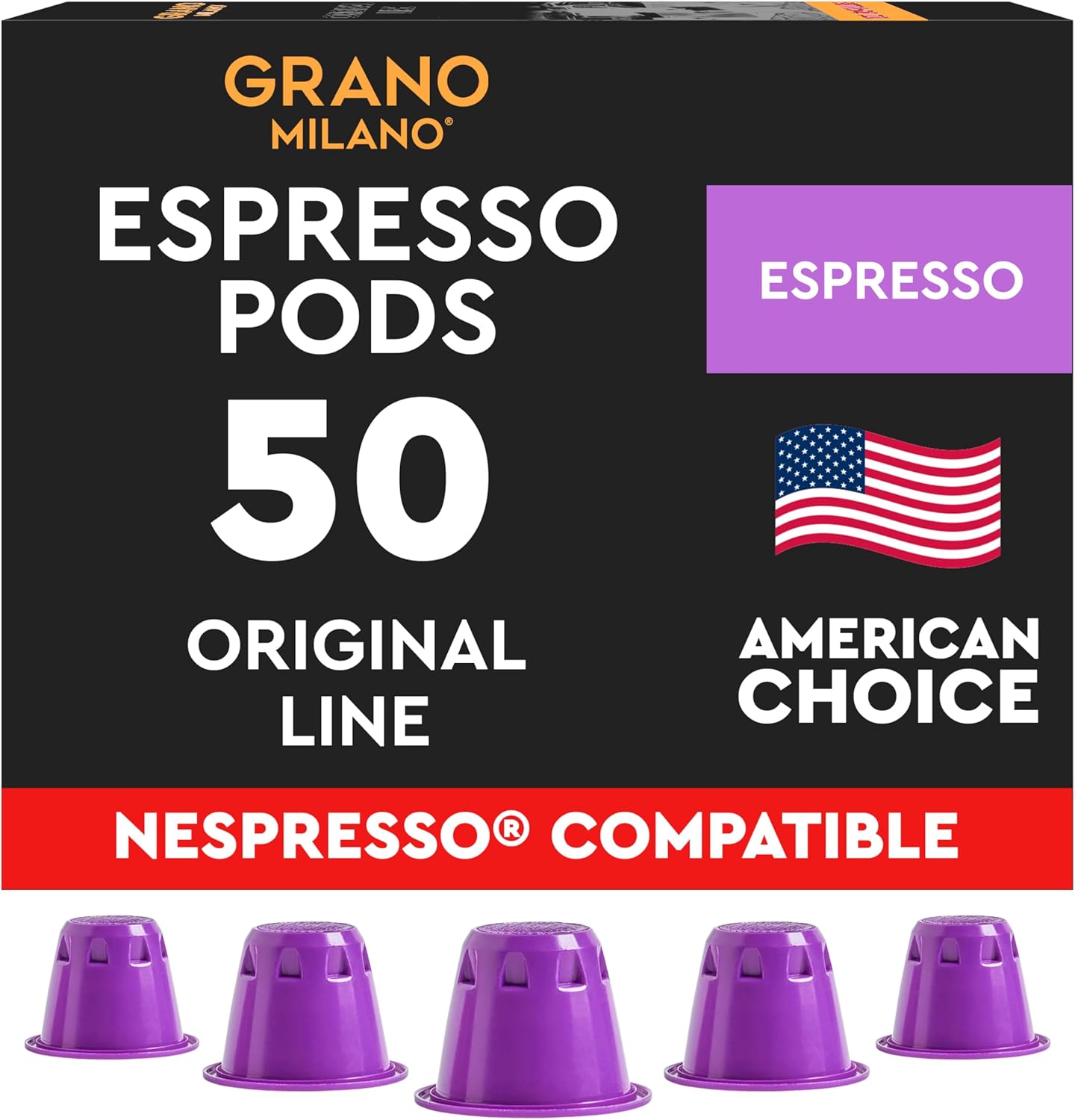 Grano Milano - 50 Espresso Pods Compatible with Nespresso Original line, Medium Roast - Intensity 9/12, Coffee Capsules Made in Italy Espresso Coffee