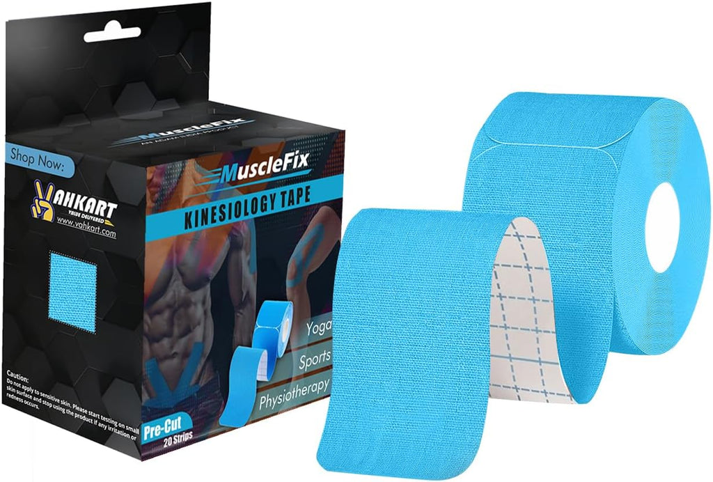 MuscleFix Pre-Cut Elastic Cotton Kinesiology Therapeutic Athletic Sports Tape, for Pain Relief and Support (5 cm * 5 m) 20 Precut 10” Strips (Blue)