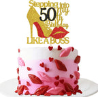 Gold Red Glitter Stepping into 50 Cake Topper - 50th Birthday Cake Decor - Stepping into My 50th Birthday Like a Boss - Happy Bday Party Cake Decorations for Women