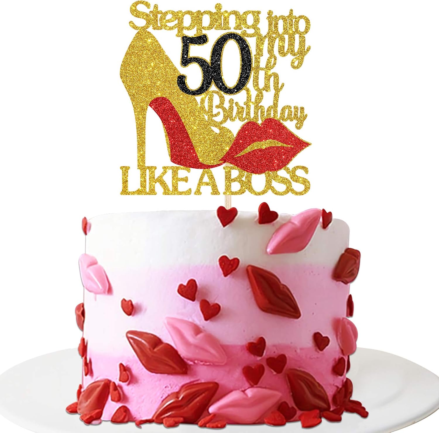 Gold Red Glitter Stepping into 50 Cake Topper - 50th Birthday Cake Decor - Stepping into My 50th Birthday Like a Boss - Happy Bday Party Cake Decorations for Women