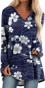 MARSVOVO Trendy Long Sleeve Shirts for Women Lightweight Plus Size Tunic V Neck High Low Baggy Casual Tops