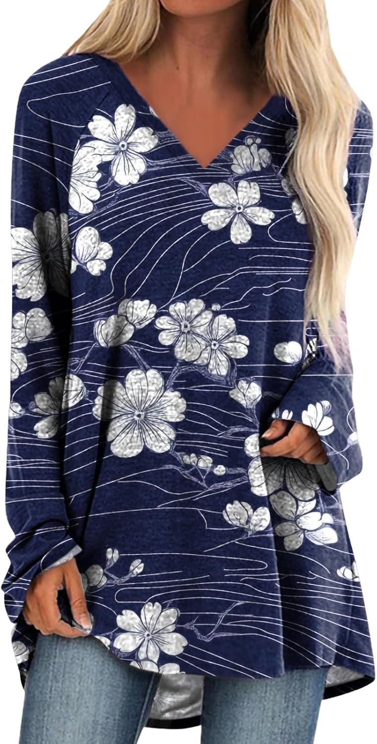 MARSVOVO Trendy Long Sleeve Shirts for Women Lightweight Plus Size Tunic V Neck High Low Baggy Casual Tops