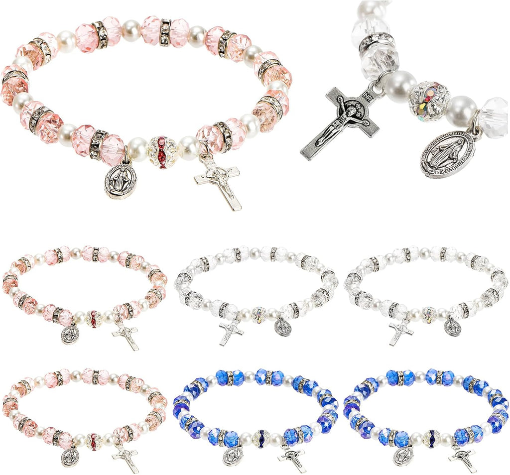 Coloch 6 Pack Women's Rosary Bead Stretch Bracelet, Crystal Cross Bracelet with Crucifix and Miraculous Medal, 3 Colors