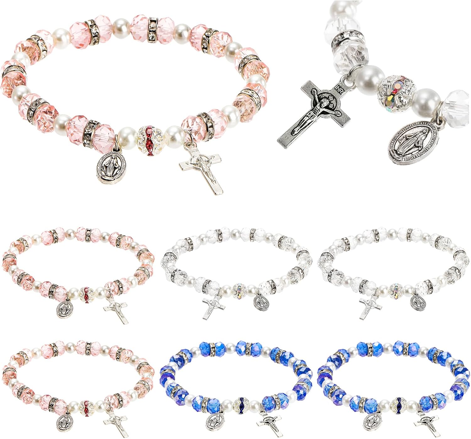Coloch 6 Pack Women's Rosary Bead Stretch Bracelet, Crystal Cross Bracelet with Crucifix and Miraculous Medal, 3 Colors
