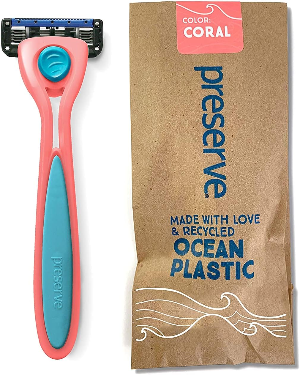 Preserve POPi Shave 5 Razor System Made with Recycled Ocean Plastic and 5-blade cartridge, Coral Pink, 1 Count