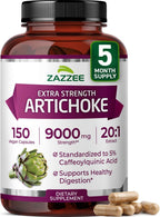 Zazzee Extra Strength Artichoke 20:1 Extract, 5% Caffeoylquinic Acid, 150 Vegan Capsules, 5 Month Supply, Cynara Scolymus, Digestive & Liver Detox Support, Herbal Supplement, Non-GMO, Made in the USA