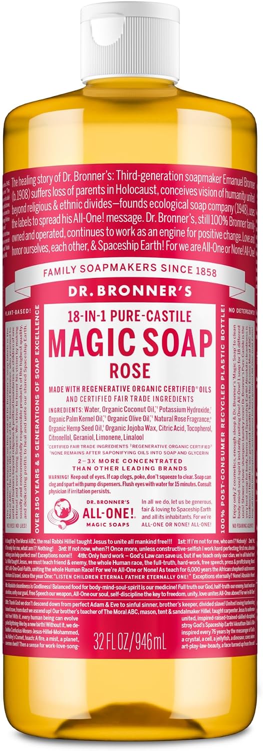 Dr. Bronner's Magic Soap Pure-Castile Liquid Soap (Rose, 32 Ounce) - Made with Regenerative Organic Certified Oils, 18-in-1 Uses: Face, Body, Hair, Laundry, Pets & Dishes, Concentrated, Vegan, Non-GMO