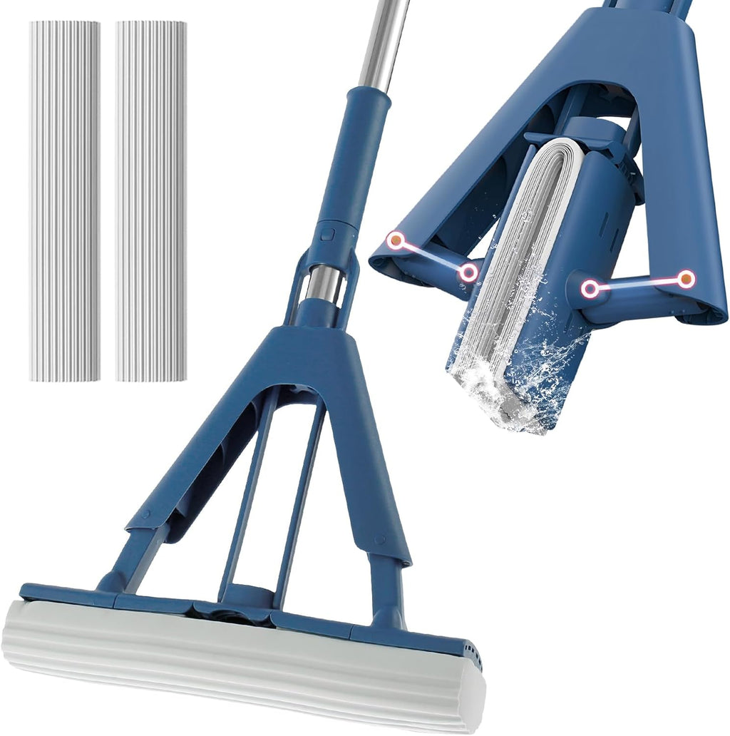 Sponge Mop Absorbent Roller Foam Mop with 50.39inch Extendable Handle and 2 Sponge Heads Self Wringing Mop Adjustable Cleaning Wet Mop for Hardwood Tile Kitchen Bathroom US(Blue 2 Glue Cotton Head)