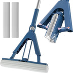 Sponge Mop Absorbent Roller Foam Mop with 50.39inch Extendable Handle and 2 Sponge Heads Self Wringing Mop Adjustable Cleaning Wet Mop for Hardwood Tile Kitchen Bathroom US(Blue 2 Glue Cotton Head)