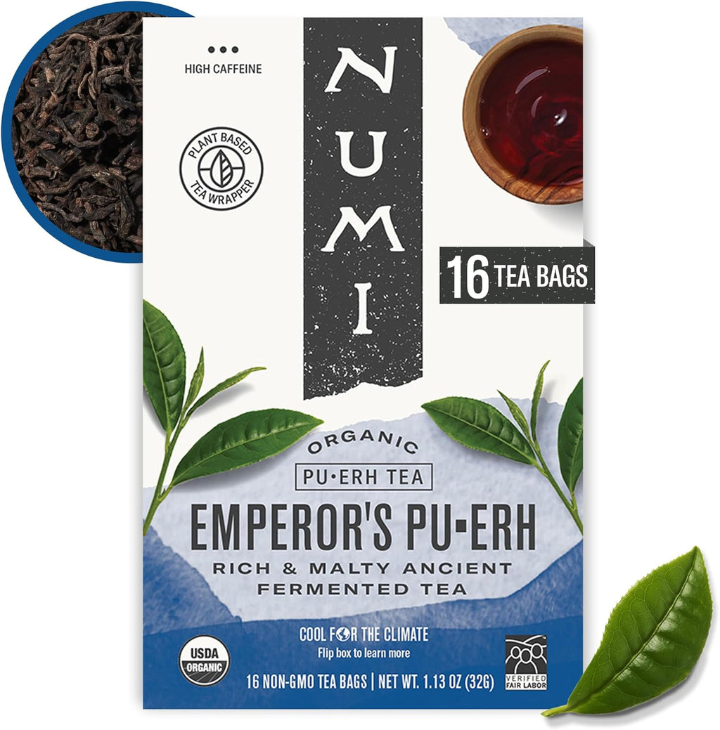 Numi Organic Emperor's Pu-erh Tea, 16 Dark Tea Bags, Aged Fermented Yunnan Black Tea, Caffeinated